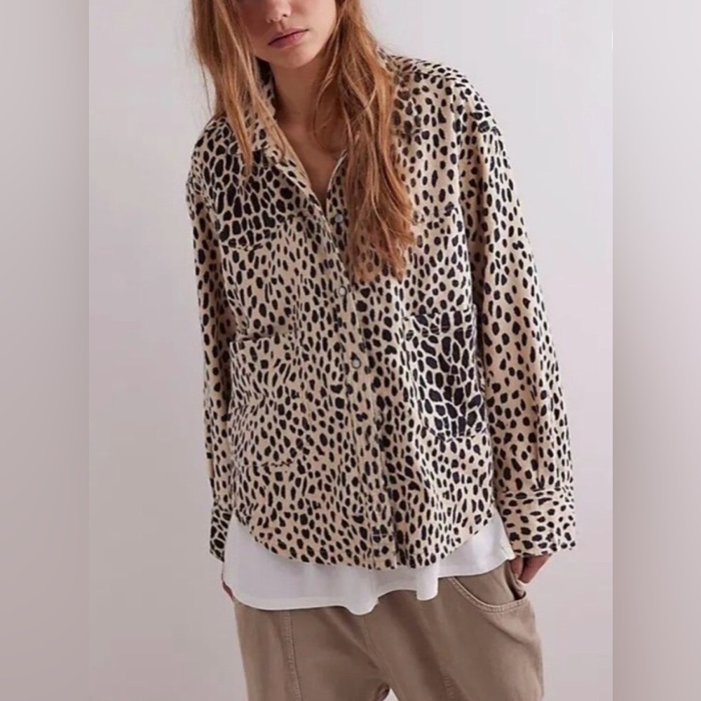 Free People Beige Leopard Print Button-Up Shacket